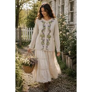Orvis Floral Embroidered Cardigan Sweater Women’s Medium Cottagecore Linen Blend